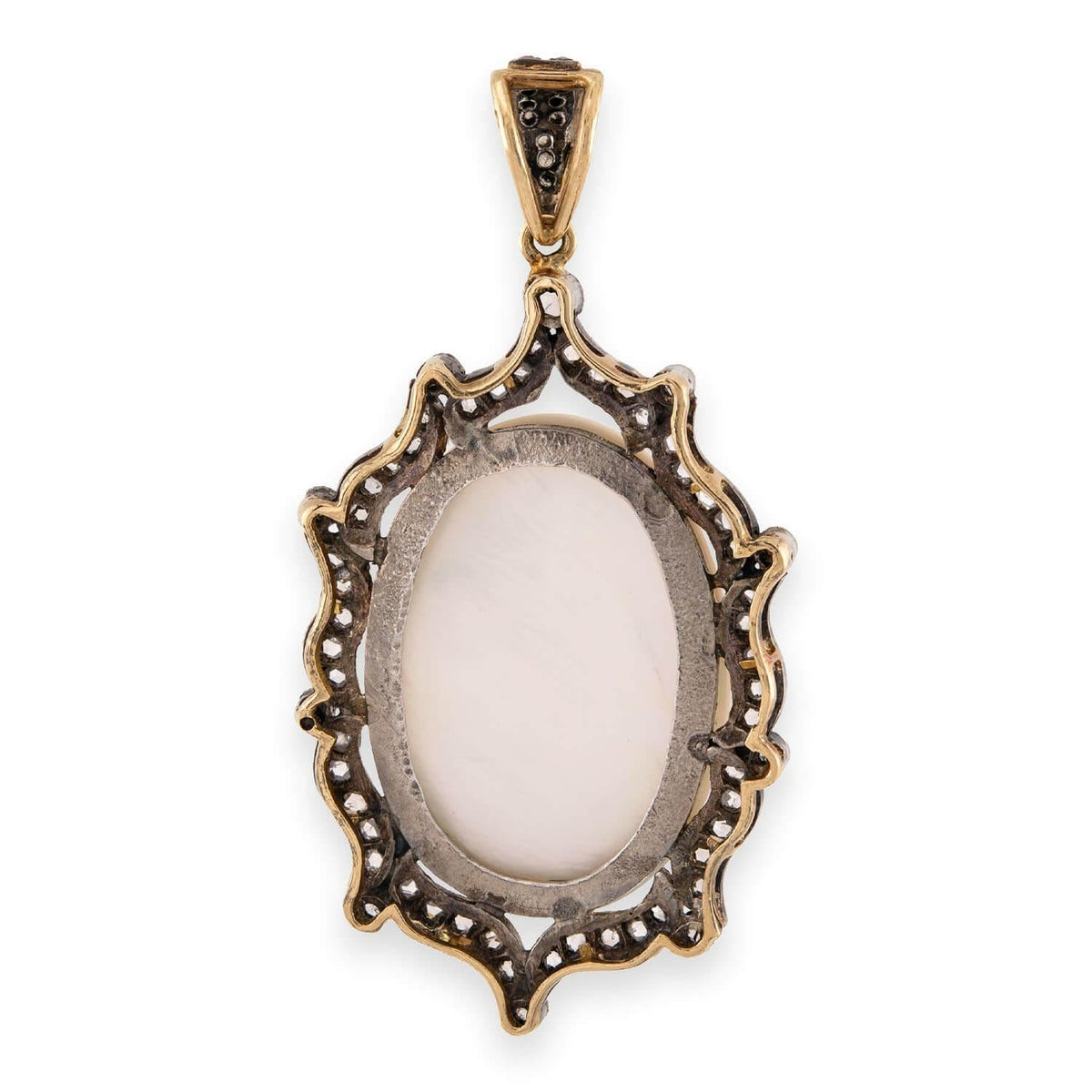 Victorian 14k/Sterling Silver Mother of Pearl & Diamond Cherub Pendant