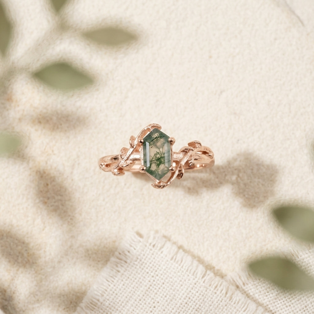 Long Hexagon Cut Moss Agate Leaf Solitaire Ring