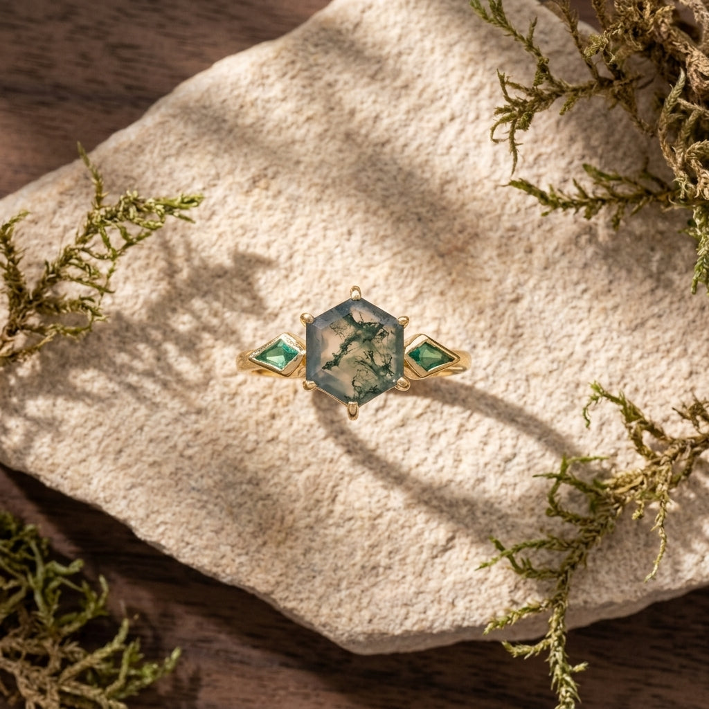 Kite Emerald Moss Agate Hexagon Engagement Ring