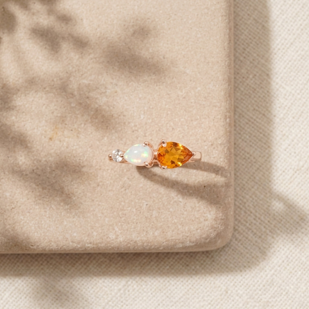 Pear Citrine Gemstone Three Stone Opal Cluster Wedding Ring