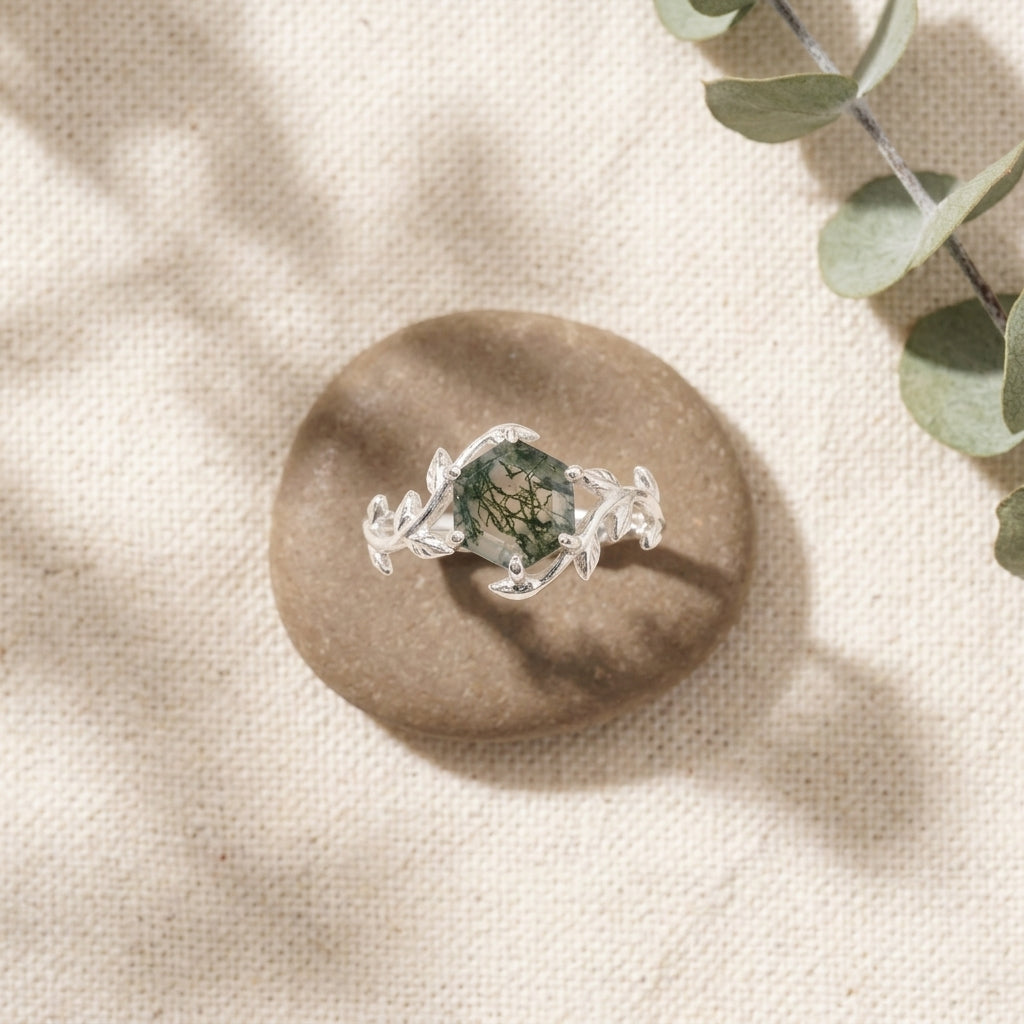 Moss Agate Leaf Hexagon Engagement Ring