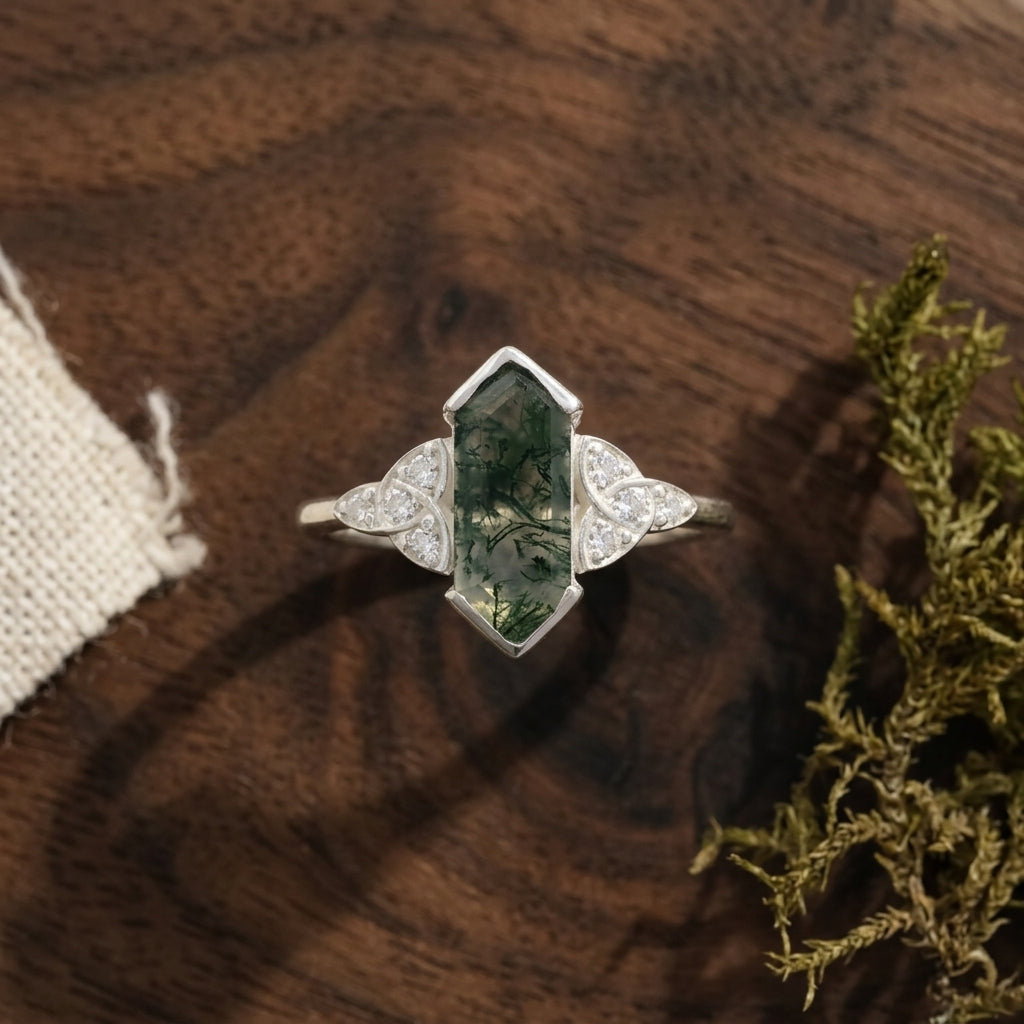Moss Agate Hexagon Engagement Ring
