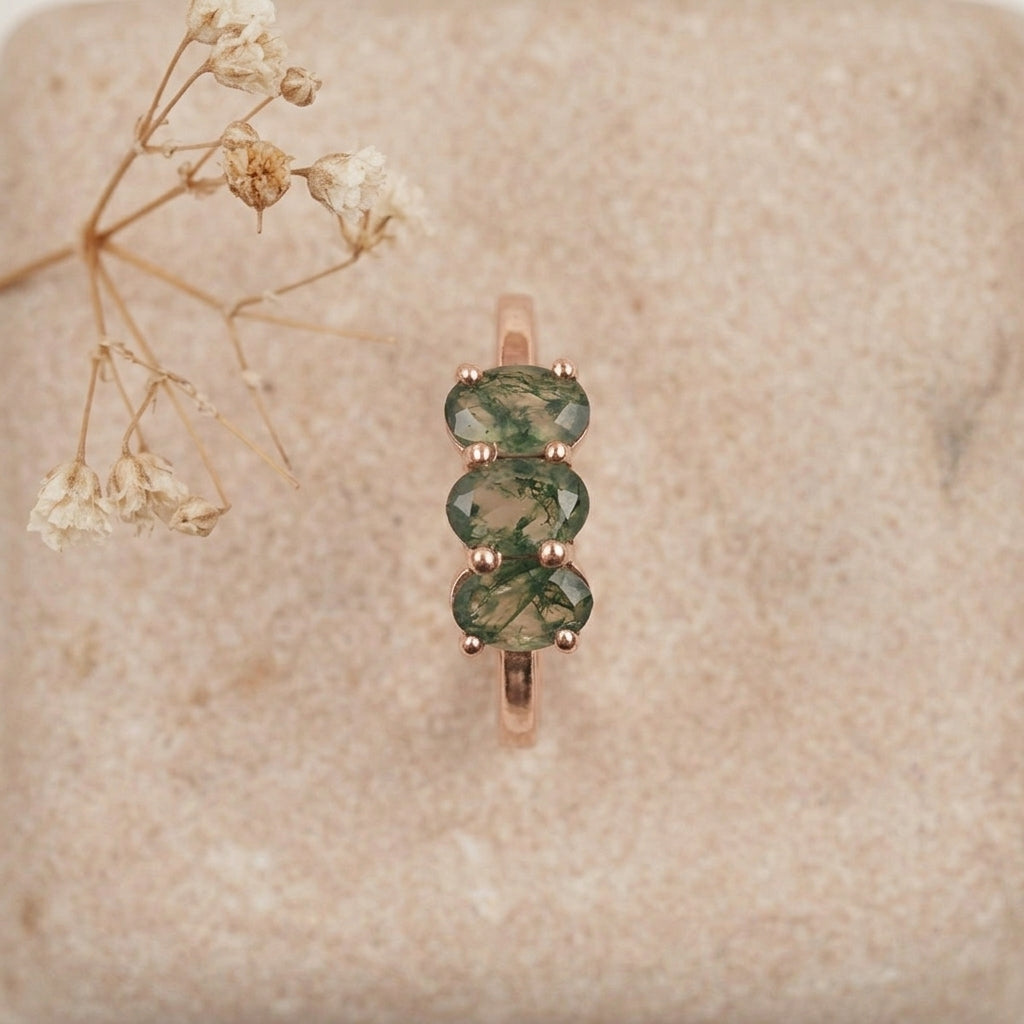 Oval Moss Agate Stacking Ring Three Stone Ring