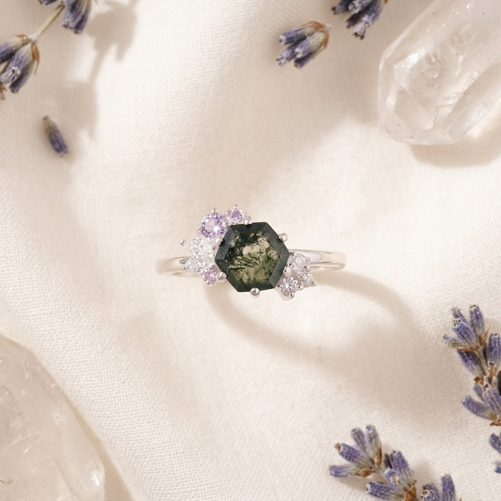 Hexagon Cut Moss Agate Cluster Art Deco Ring