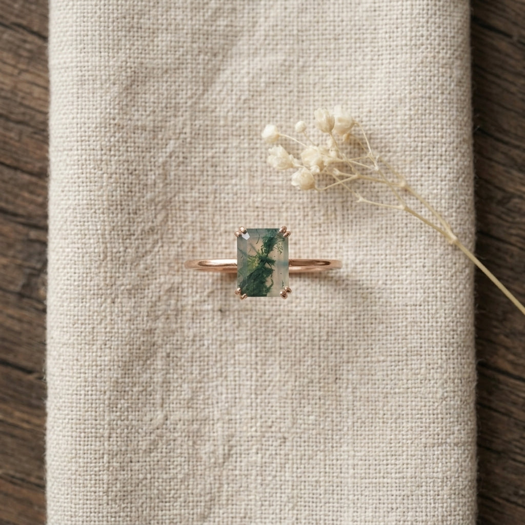 Emerald Cut Moss Agate Solitaire Ring
