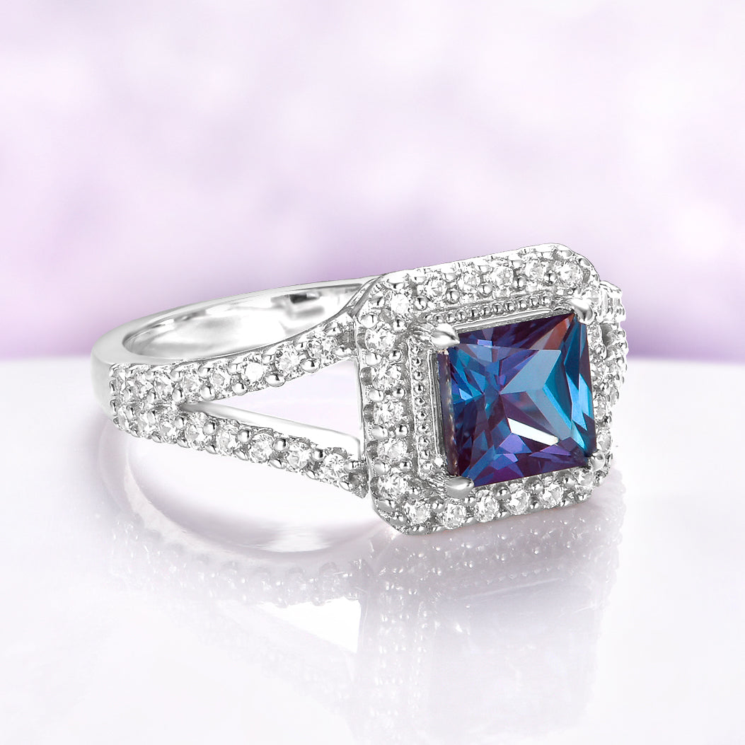 Split Shank Halo Alexandrite Engagement Ring in Sterling Silver