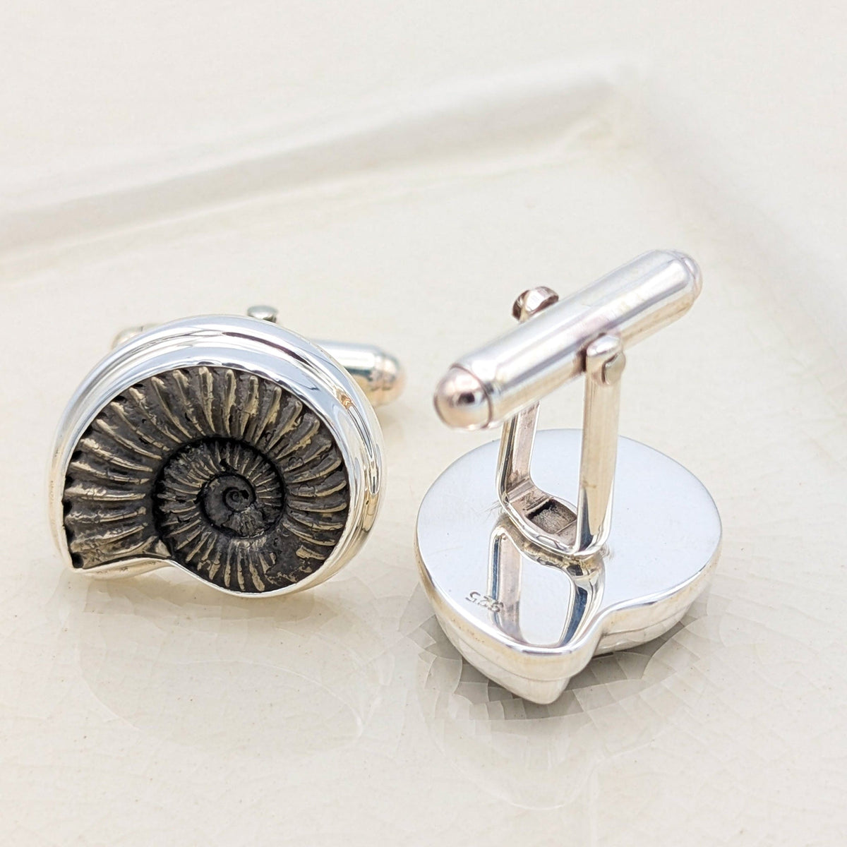 Promicroceras Ammonite Cufflinks | 20mm British Fossils | Sterling Silver