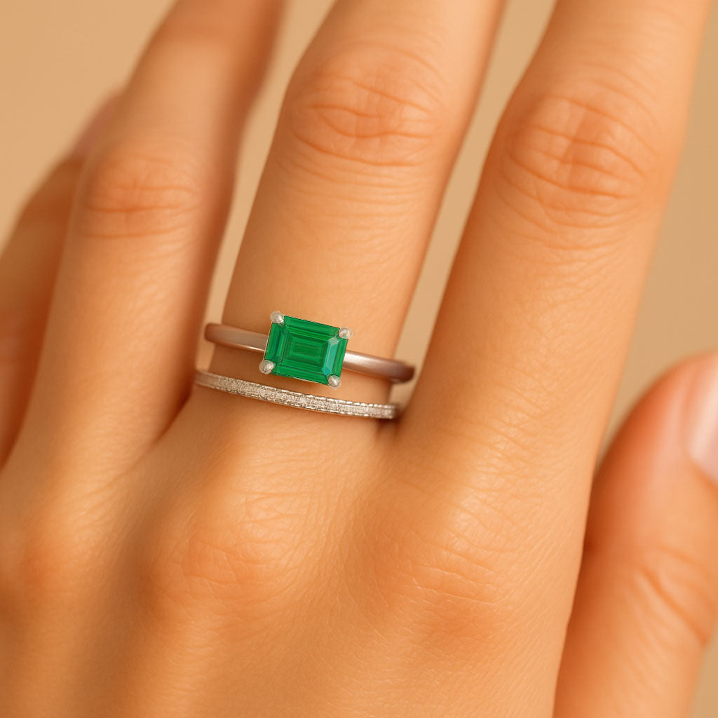Step Cut Emerald Stacking Prong Set Solitaire Promise Ring