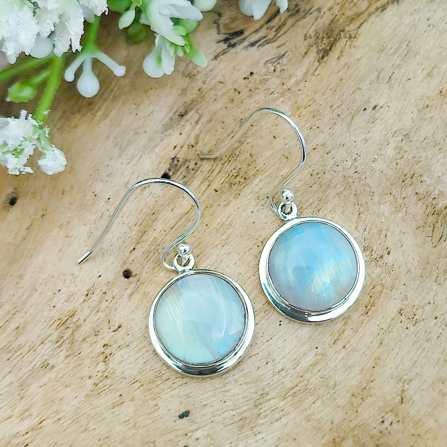 Rainbow Moonstone Earrings | 13mm Round | June Birthstone | Sterling Silver