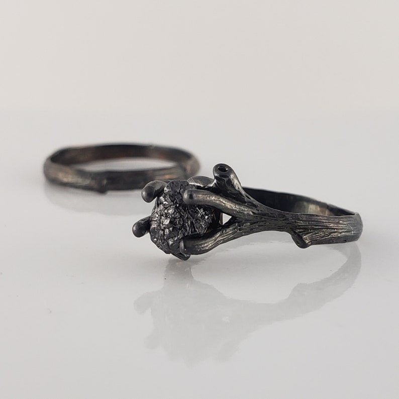 Raw Black Diamond Twig Ring Set - Ruthenium Finish