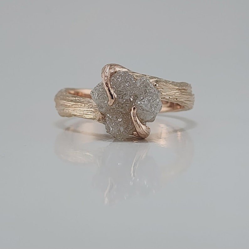 Raw Diamond Engagement Ring - Handcrafted 14k Rose Gold Twig Design