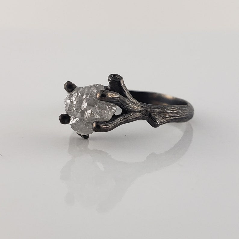 Raw Diamond Twig Ring Set - Unique Ruthenium Finish
