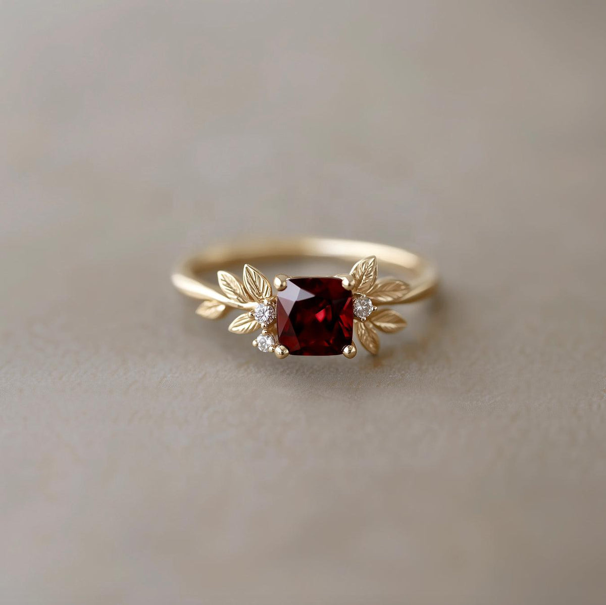 Genevieve’s Crimson | Square Ruby Solitaire Foliage Engagement Ring