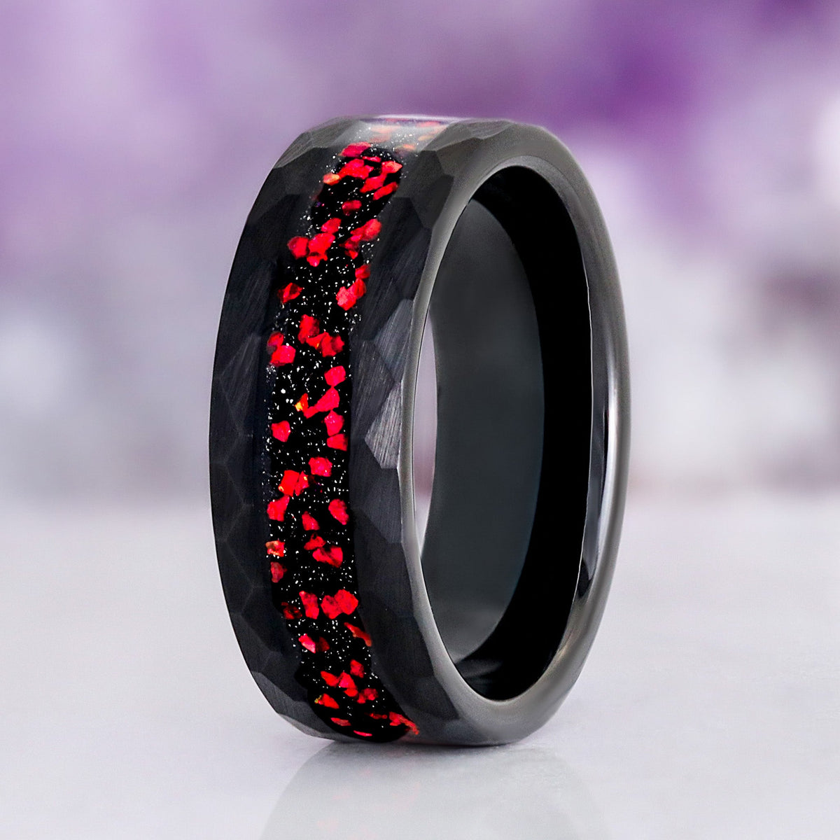 Galaxy Red Fire Opal Hammered Men's Ring in Black Tungsten Carbide (8mm)