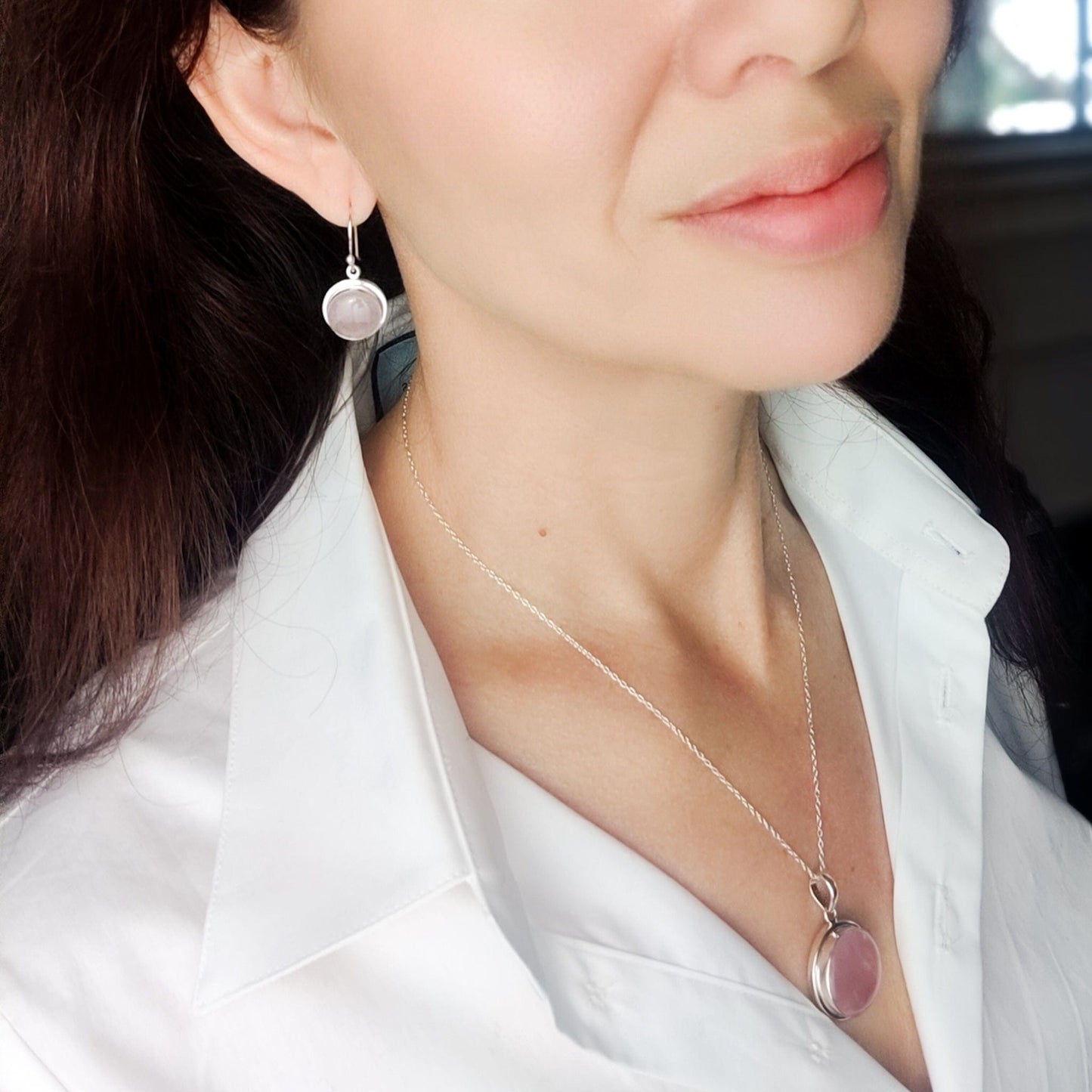 Rose Quartz Earrings | 15mm Circular | 5th Anniversary | Sterling Silver