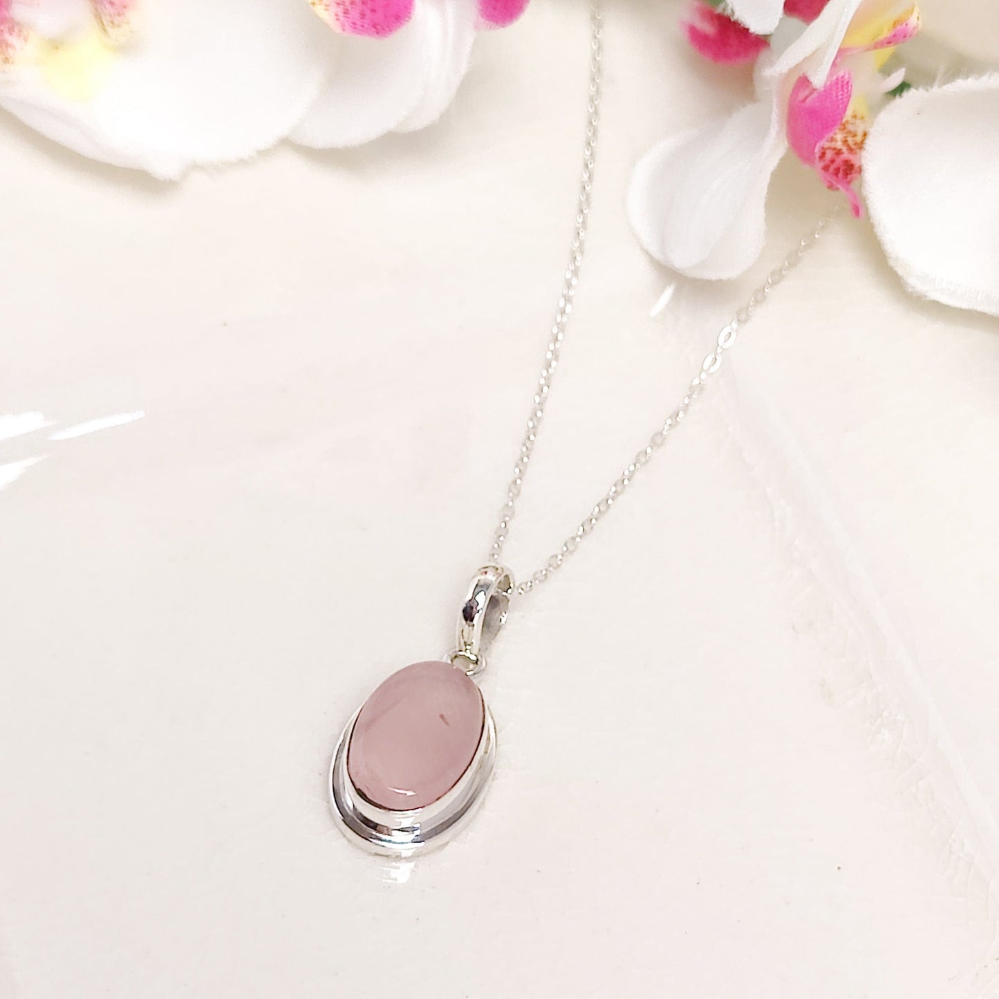 Rose Quartz Pendant | 15mm Oval | January Gift | Sterling Silver