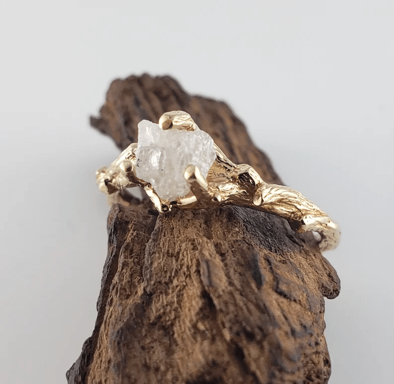 Rough Diamond Twig Engagement Bridal Set in Solid Yellow Gold