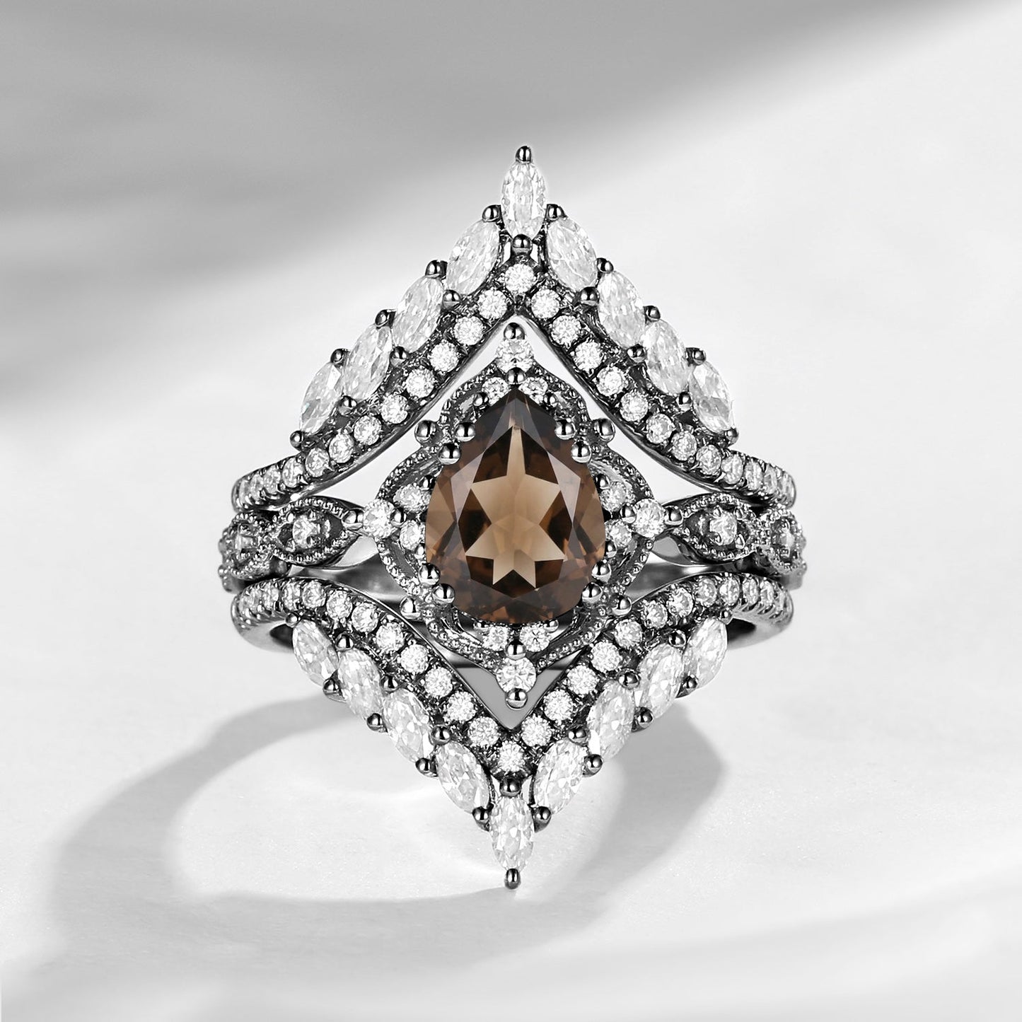 Vintage Pear Cut Smokey Quartz Engagement Ring Cage Ring Set 2pcs