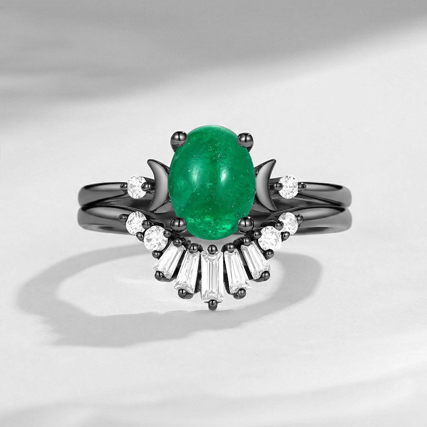 Pure Moon | Fancy Oval Cut Natural Emerald Engagement Ring Set 2pcs
