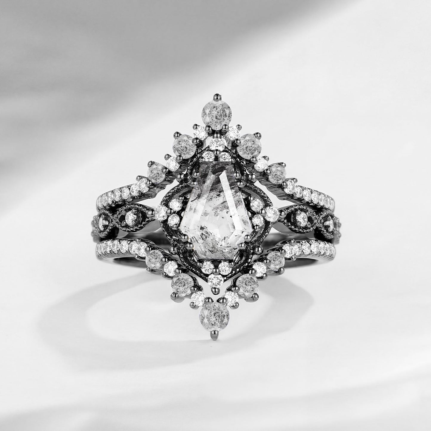 Vintage Inspired Coffin Cut Herkimer Diamond Engagement Ring Bridal Set 3pcs