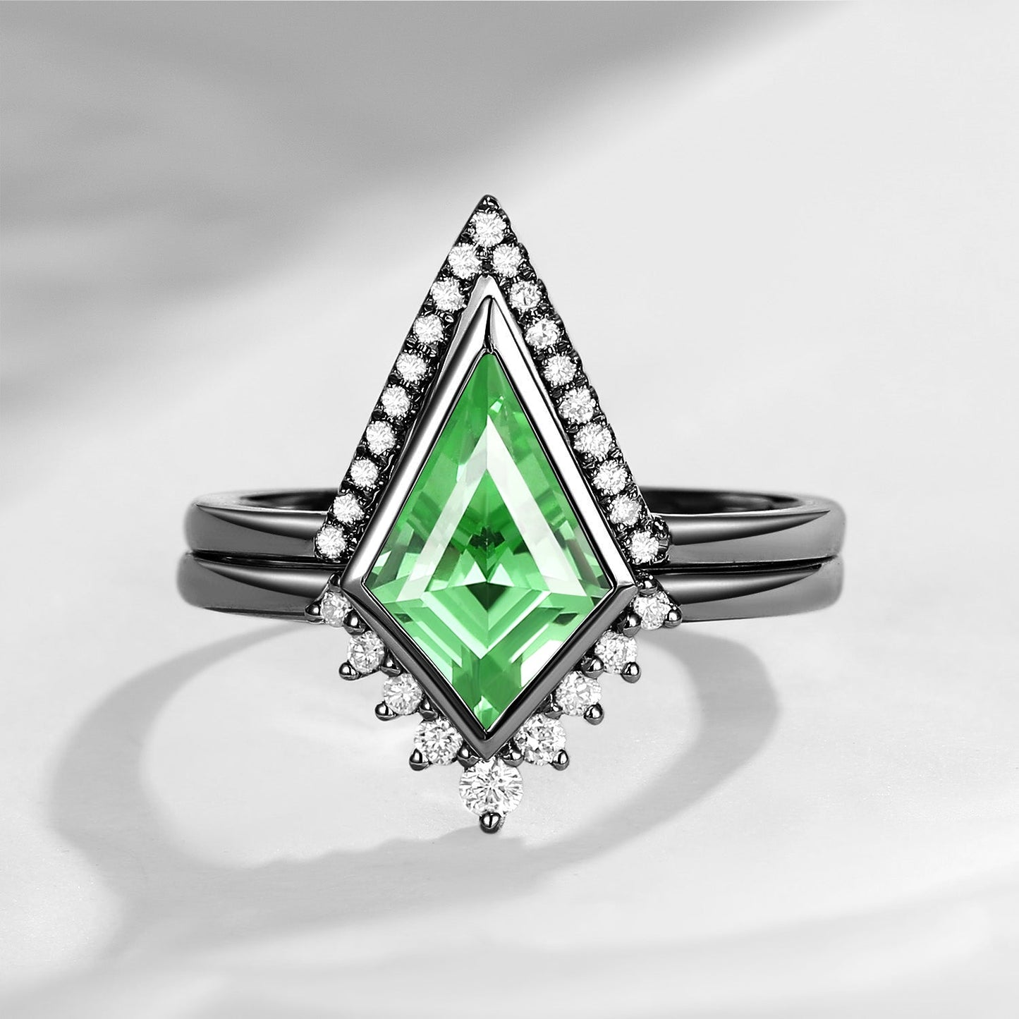 18K Art Deco Kite Cut Lab Tsavorite Bezel Engagement Ring Set 2pcs - Statement