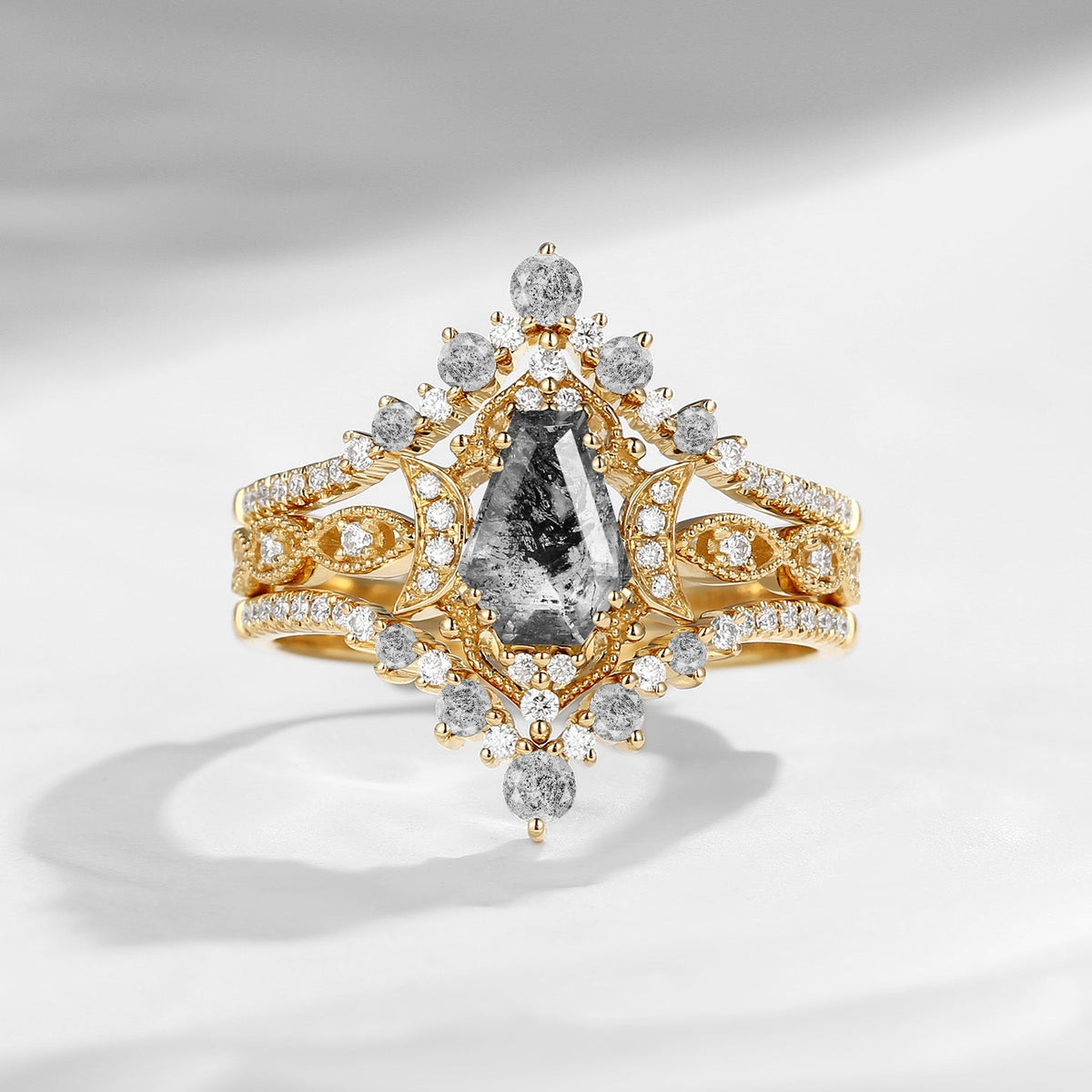 Crescent Moon | Coffin Cut Herkimer Diamond Ring 3pcs 18k - Till Death Do Us Part