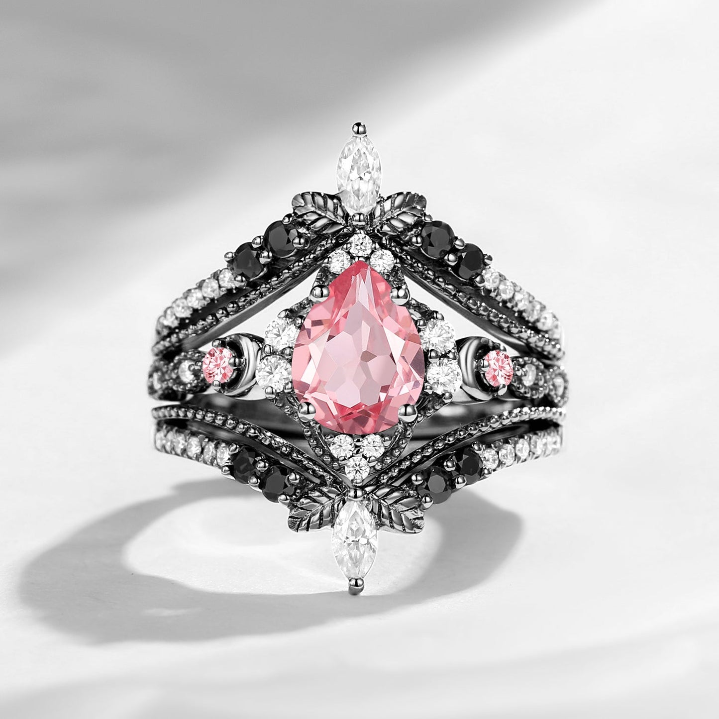 Pear Cut Vintage Inspired Lab Pink Sapphire Ring Set 2pcs - Maximalist Style Cage Ring