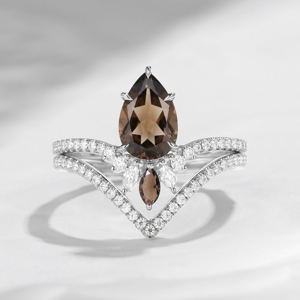 1.5ct Unique Smokey Quartz Classic Chevron Bridal Set 2pcs - Princess