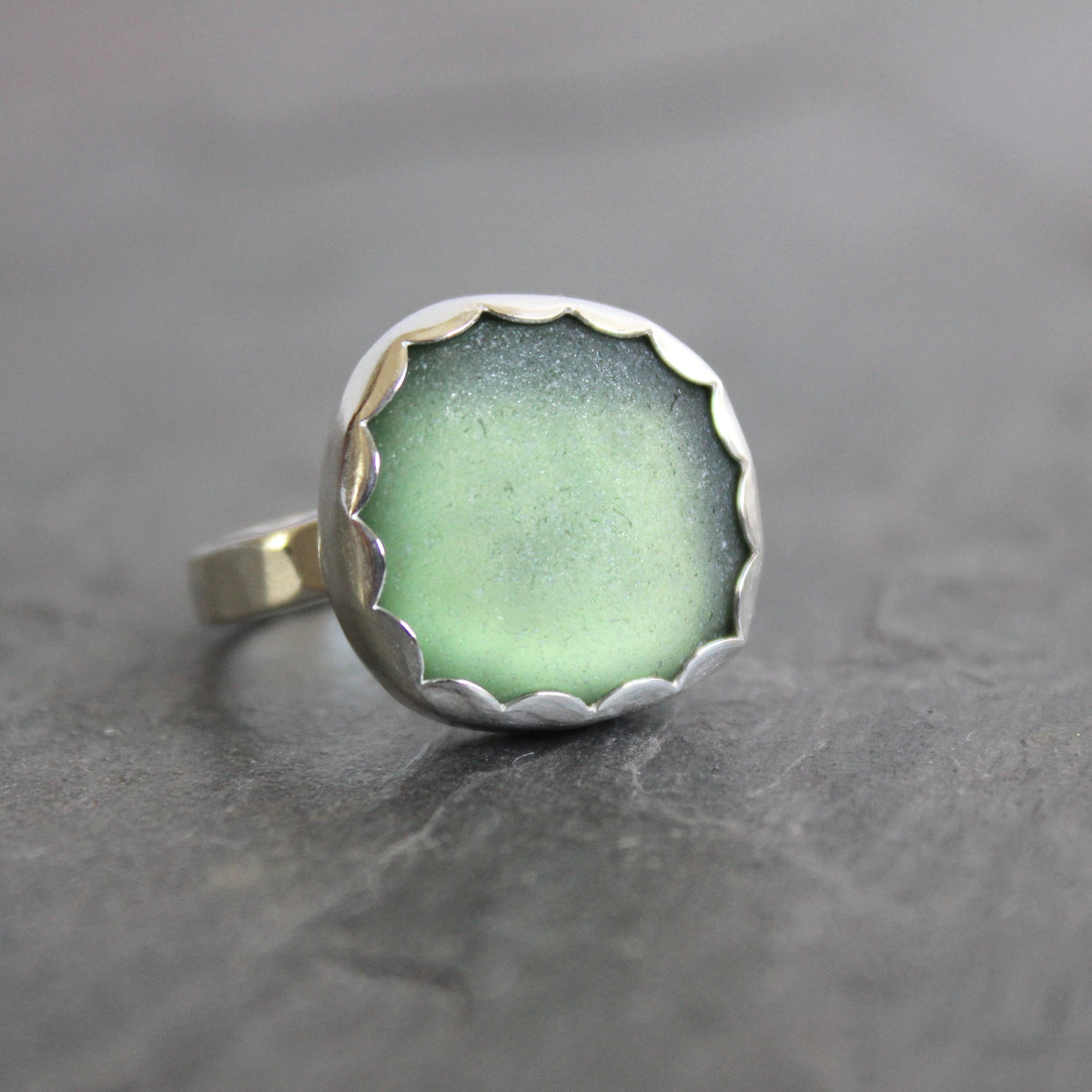 Large Sage Green Sea Glass Ring | Handmade | Sterling Silver | Size 8 ¼