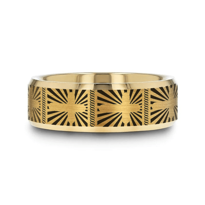 SANCTUS | Gold Tungsten Sunburst Cross Wedding Band, Beveled Edges
