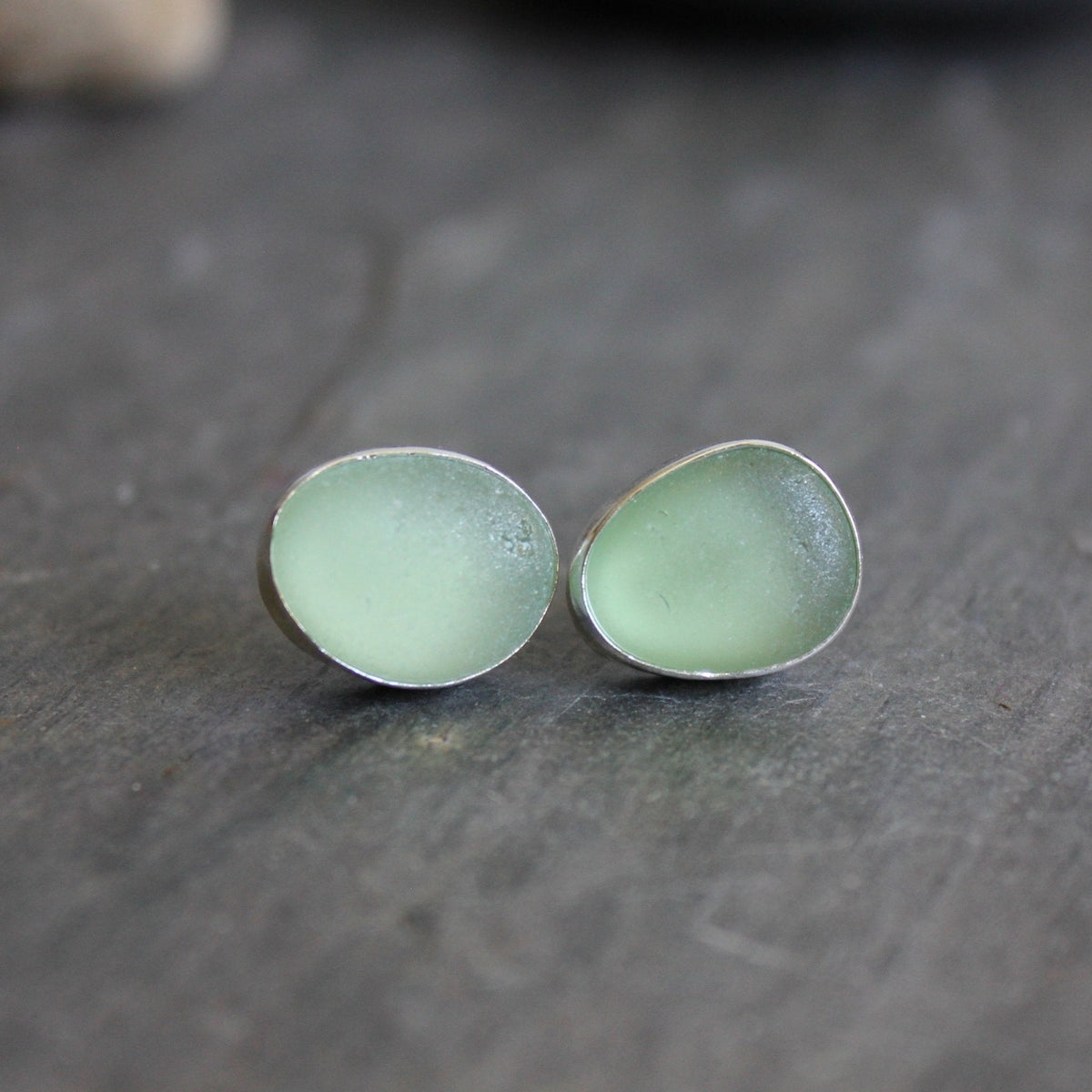 Sea Foam Green Sea Glass Stud Earrings | Handmade | Sterling Silver