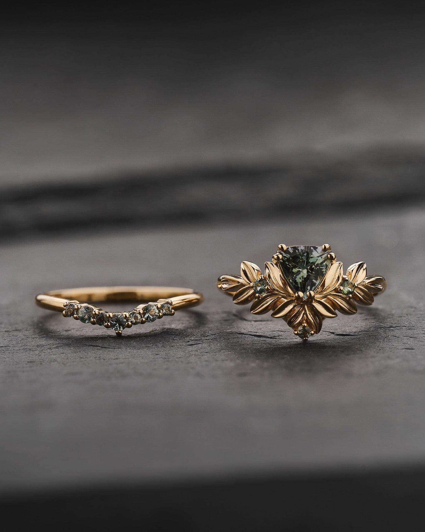 Nature-Inspired Bridal Set with Trillion-Cut Green Tanzanite and Accent Sapphires / Salvia