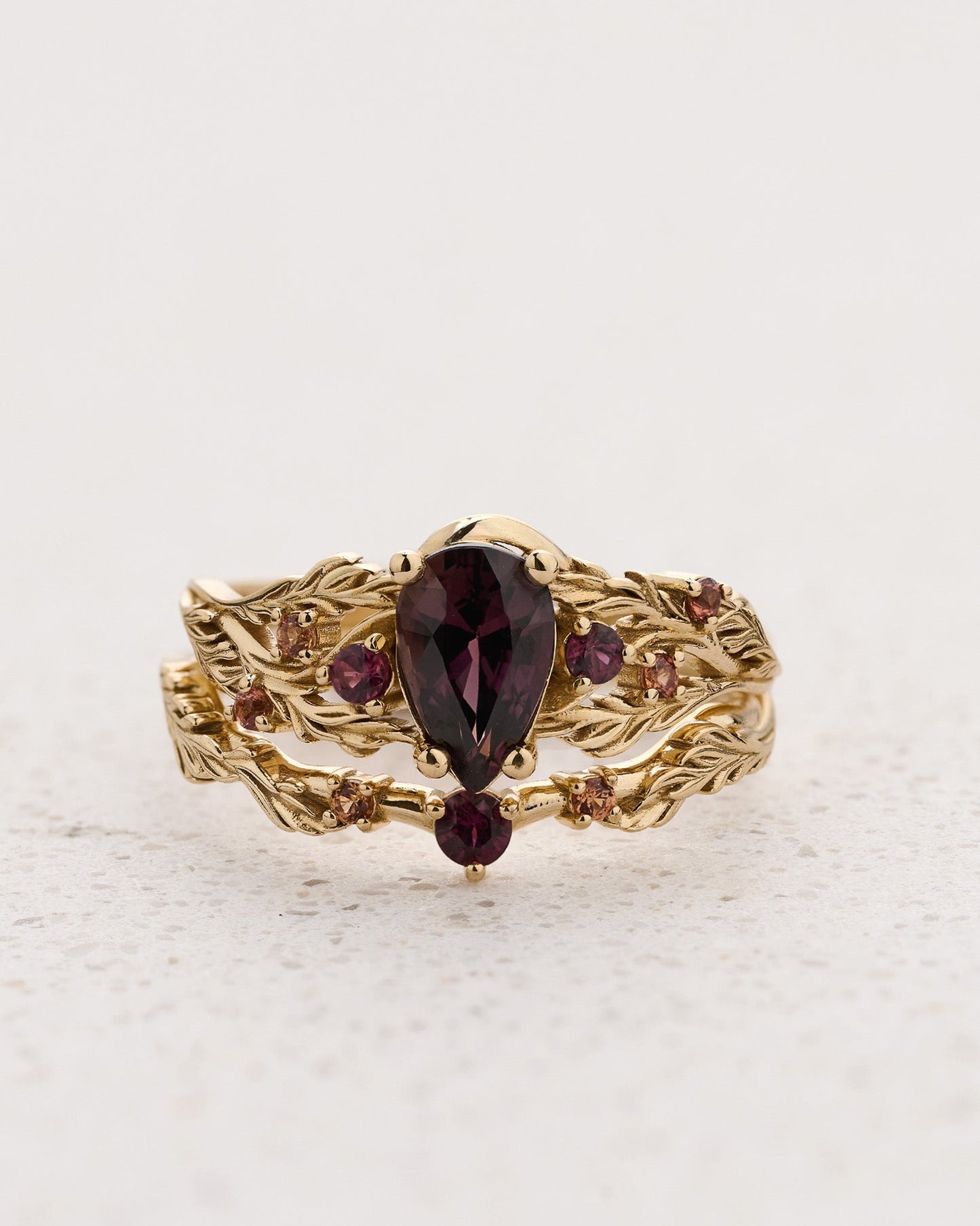 READY TO SHIP Japanese Maple Engagement Ring with Pear-Cut Reddish-Brown Sapphire and Accent Sapphires, 14K yellow gold, RING SIZES 5.5 - 8.5 US