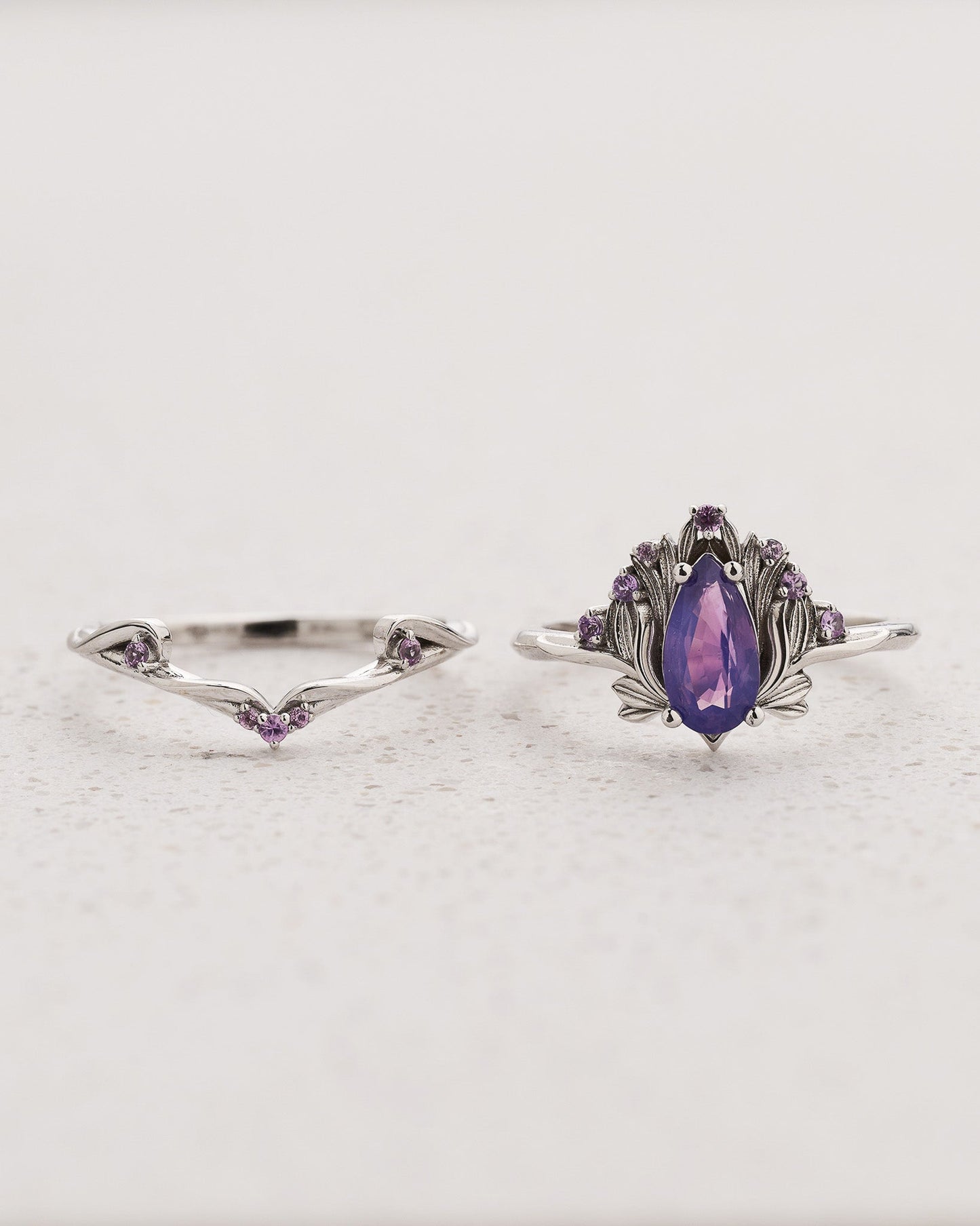 READY TO SHIP Iris Bridal Set with Pear-Cut Opalescent Purple Sapphire and Accent Sapphires, 14K white gold, AVAILABLE RING SIZES 5.5 - 8.5 US