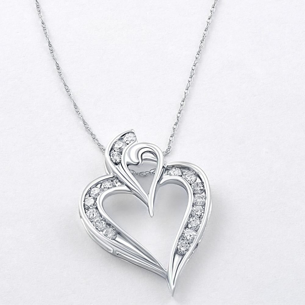 10K White Gold 1/2Ct TW Real Diamond Heart Pendant Necklace 1" Tall