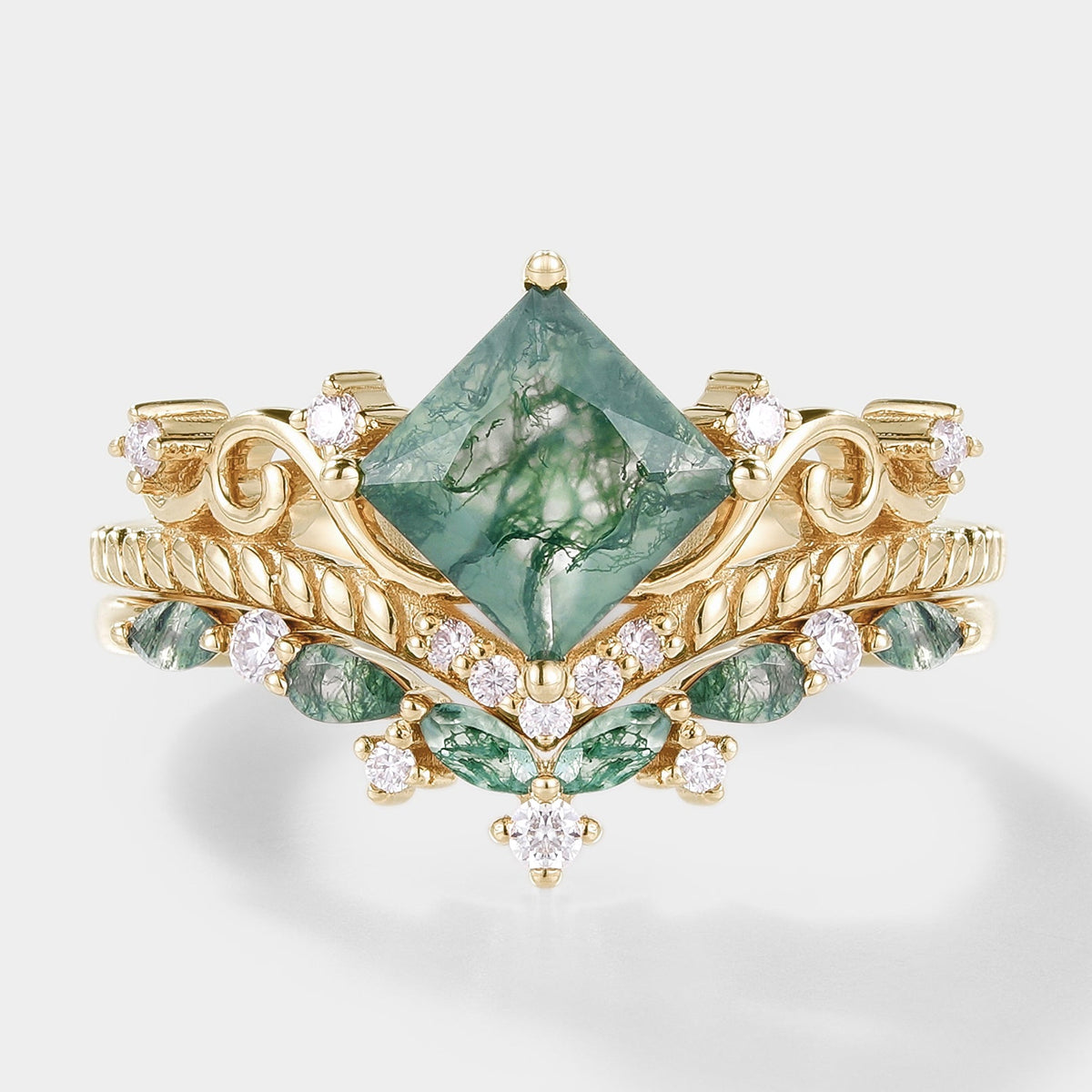 Vintage Princess Cut Moss Agate Bridal Ring Set 2pcs