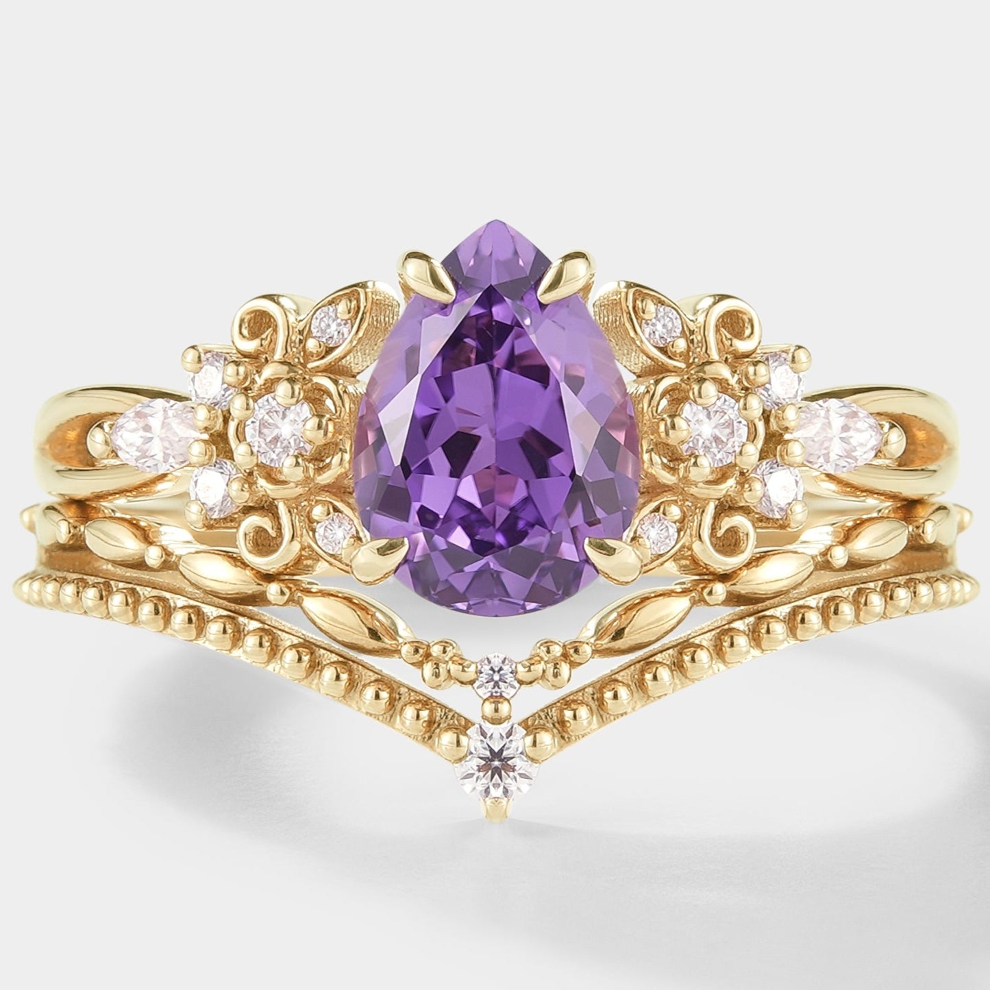 Pear Cut Purple Sapphire Engagement Ring Set 2pcs