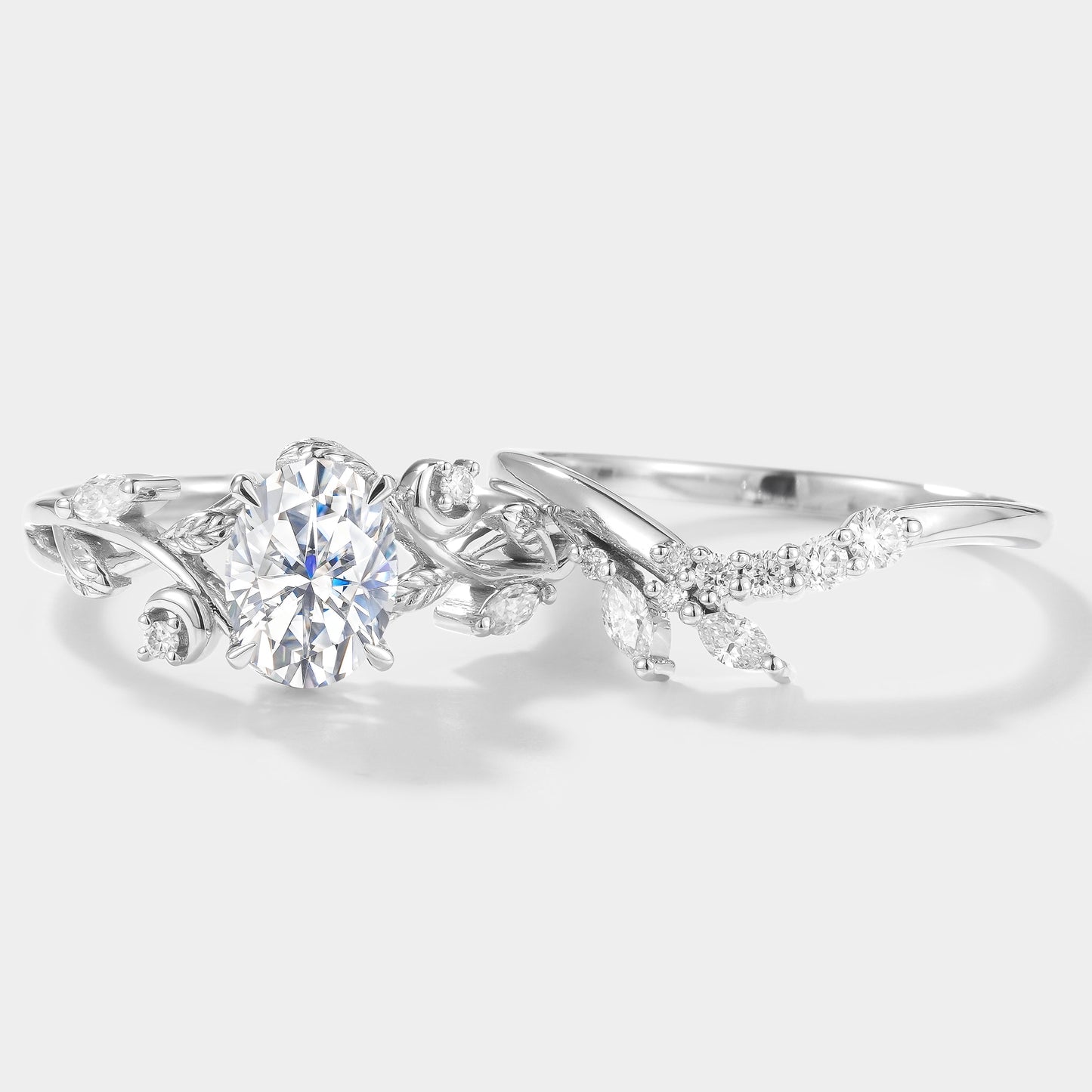 Oval Cut Moissanite Engagement Ring Set With Moon & Leaf