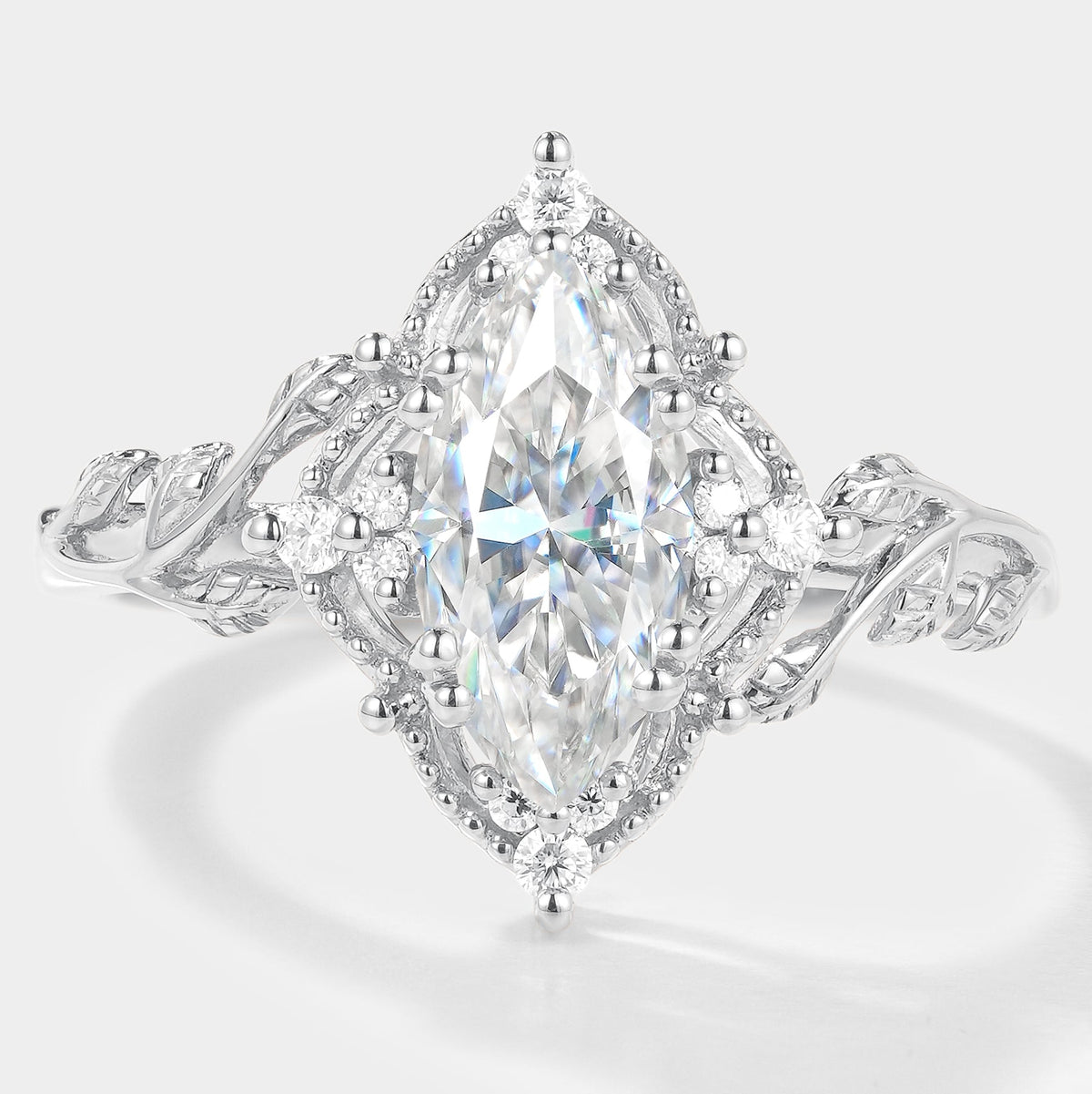 Marquise Cut Moissanite Ring with Leaf Design