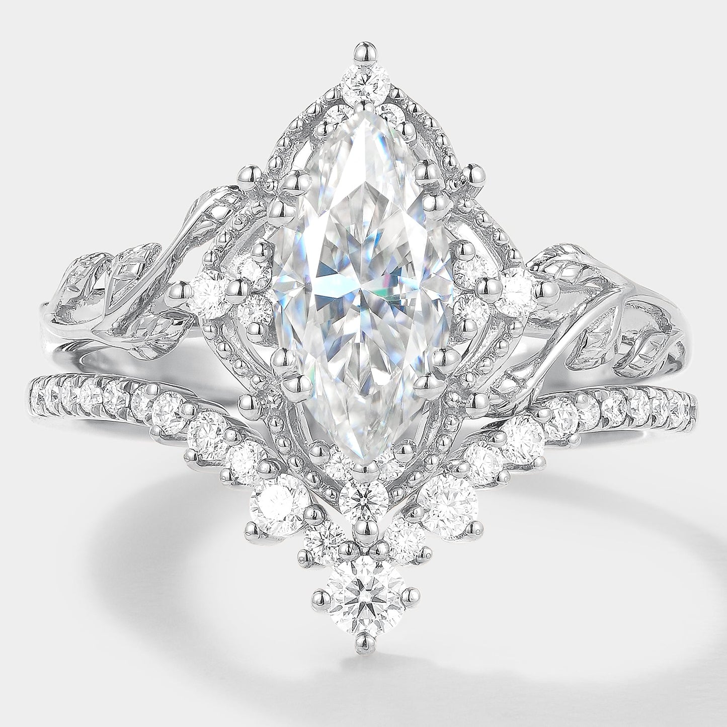 Marquise Cut Moissanite Engagement Ring With Curved Wedding Band 2pcs