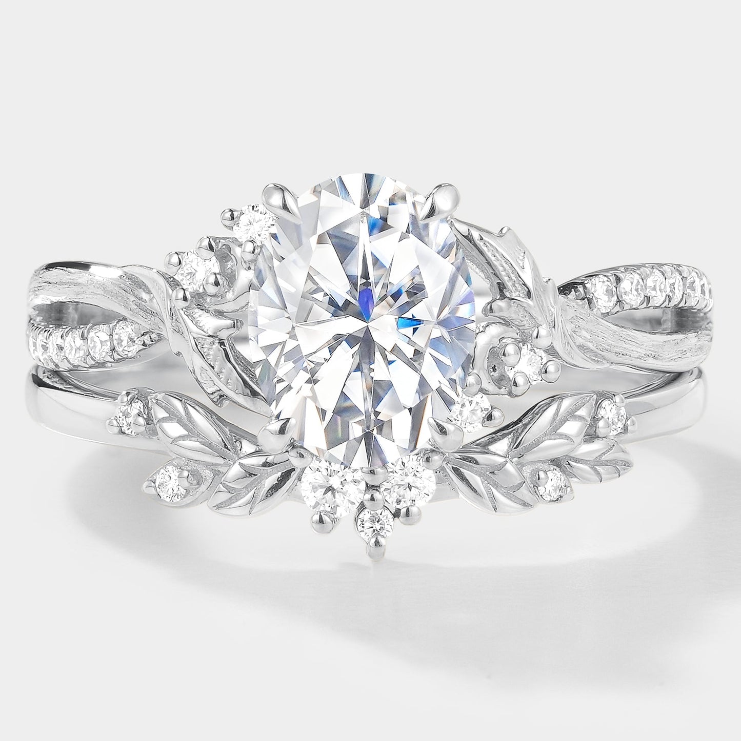 Moissanite Engagement Ring With Leaf Bark Texture Ring Set 2pcs