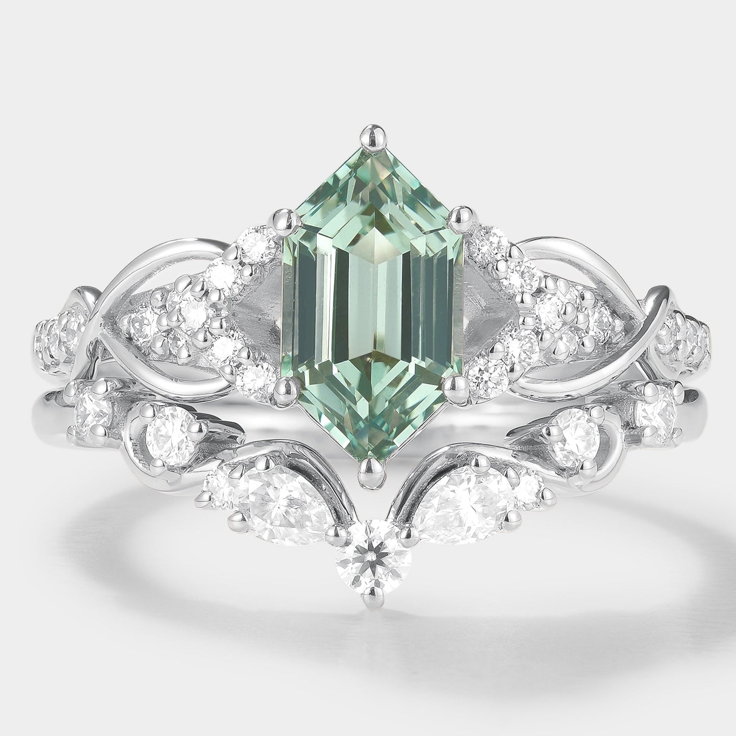 Long Hexagon Green Sapphire Bridal Set Moissanite Cluster 2pcs
