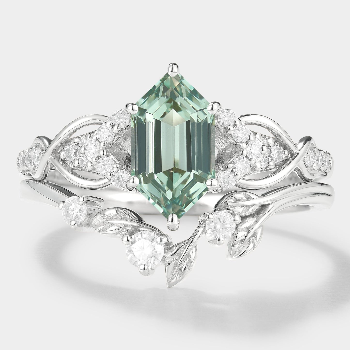 Long Hexagon Green Sapphire Engagement Ring Leaf Wedding Band 2pcs