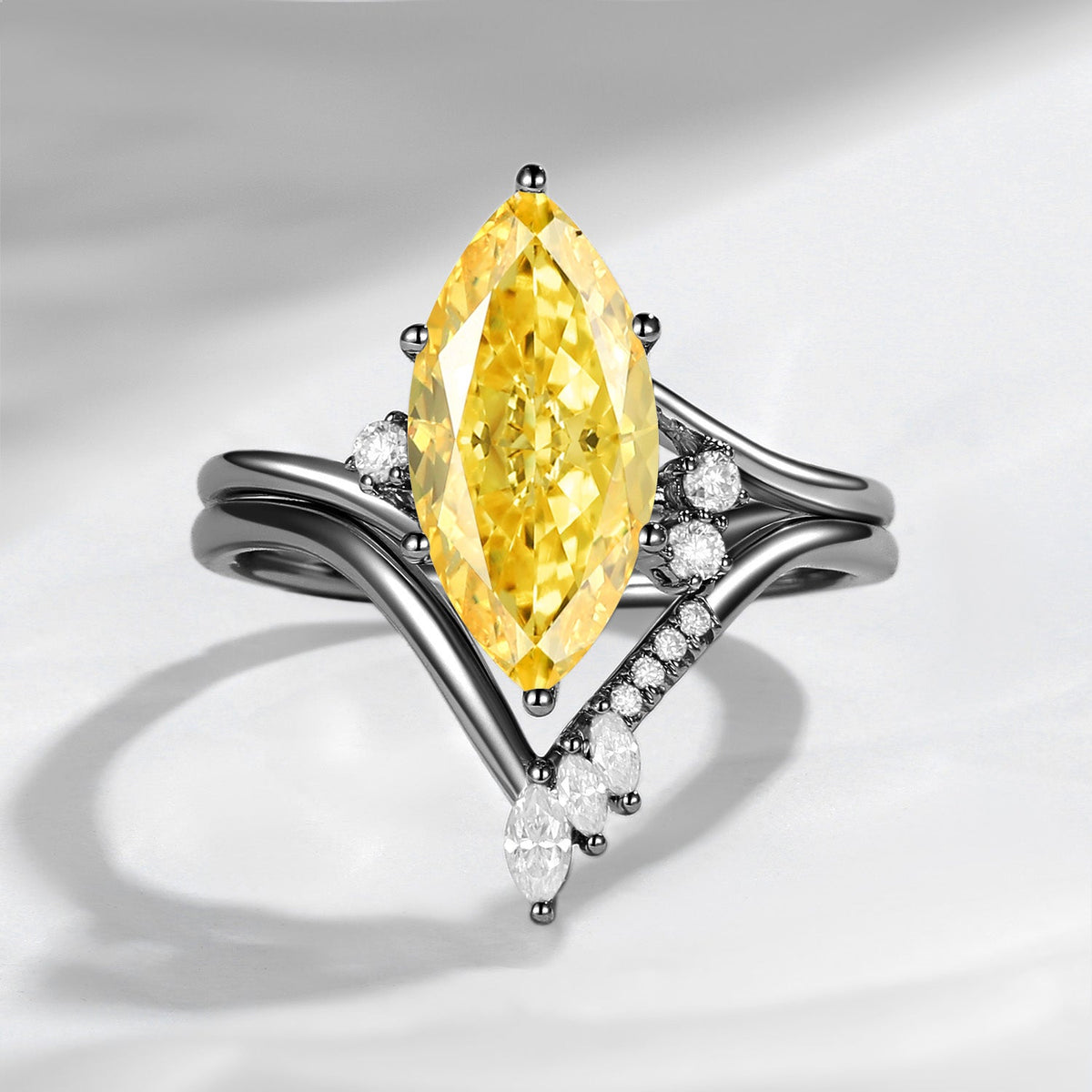 Classic Style Marquise Cut IGI Certificated Lab Grown Yellow Diamond Twist Engagement Ring Bridal Set