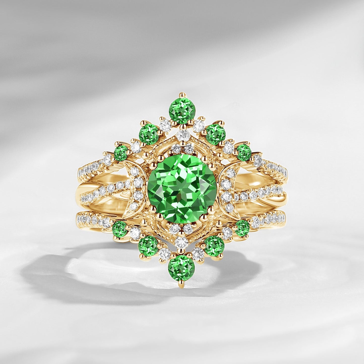 Crescent moon | Unique Infinity Round Lab Tsavorite Engagement Ring Set 3pcs