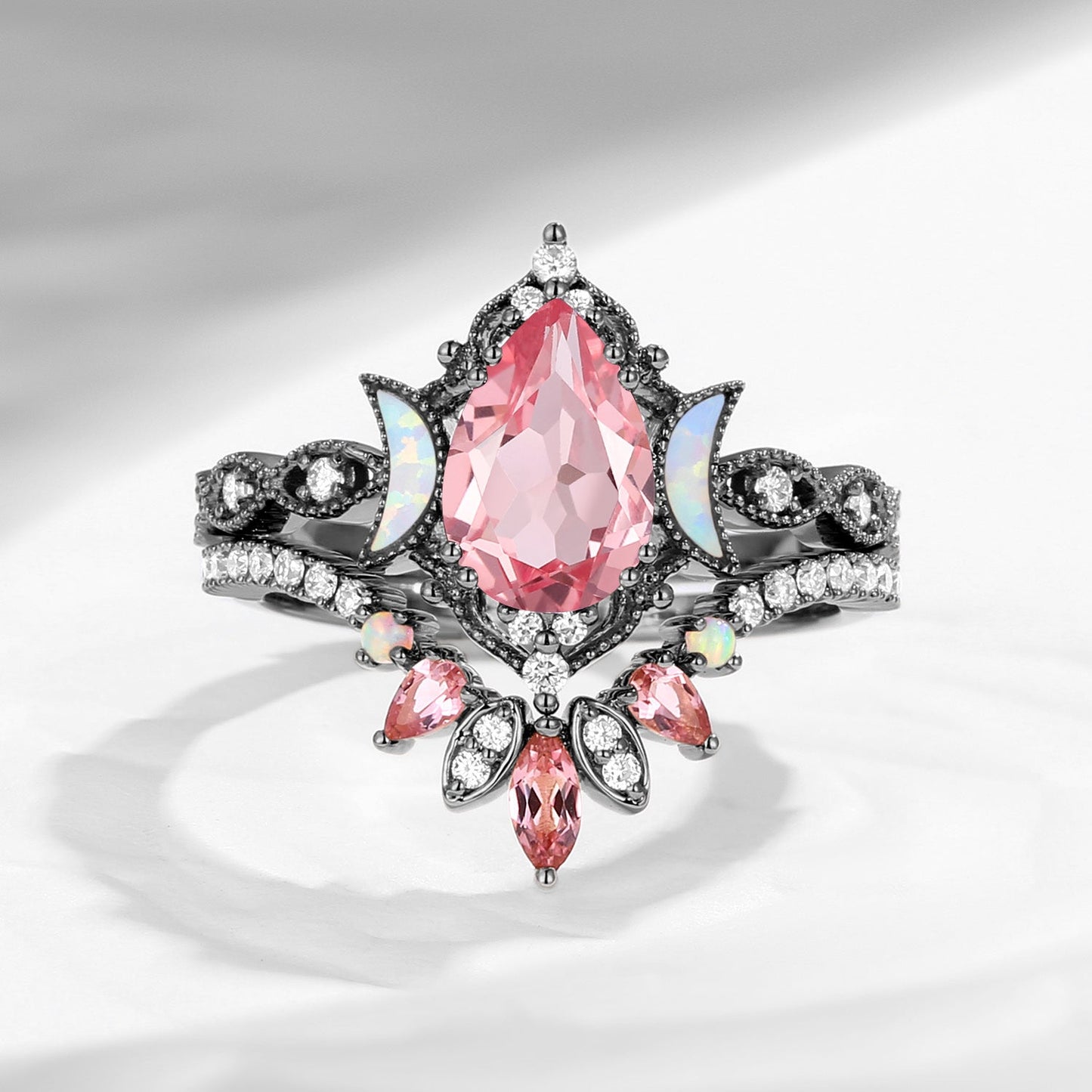 Crescent Moon | Pear Cut Lab Pink Sapphire 'Ultra Galaxy' Engagement Ring Set 2pcs