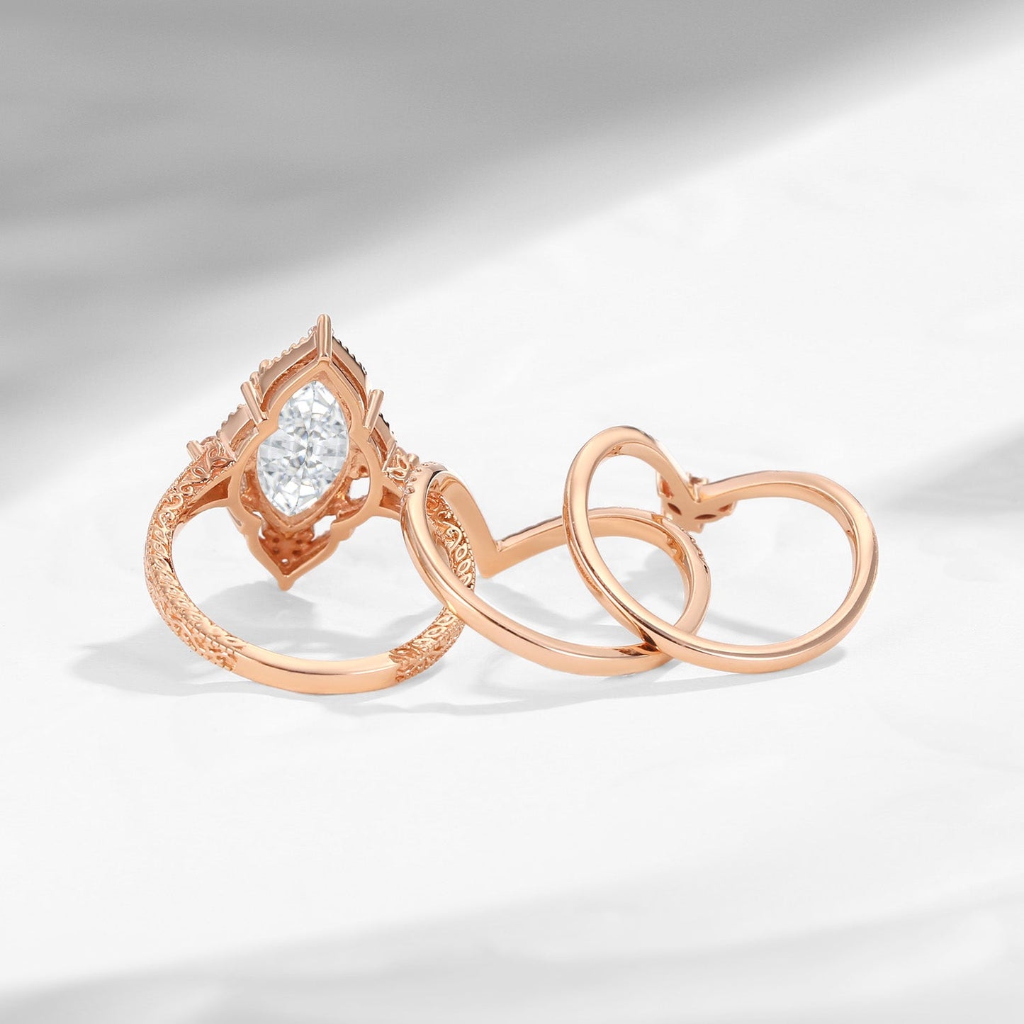 Vintage Inspired Marquise Cut Moissanite Engagement Ring Set 3pcs