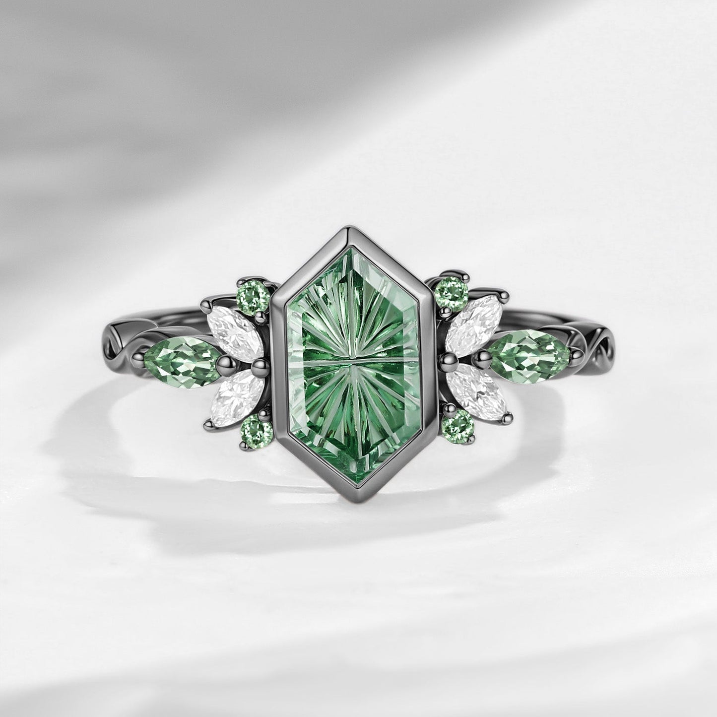 Classic Fantasy Cut Long Hexagon Lab Green Sapphire Butterfly Cluster Engagement Ring with Bezel Setting