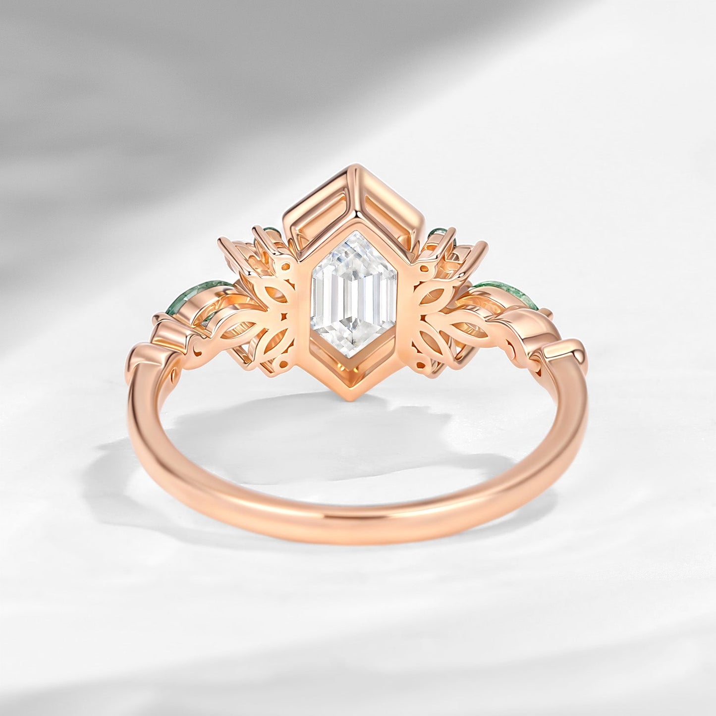 Long Hexagon Moissanite Butterfly Moss Agate Cluster Ring