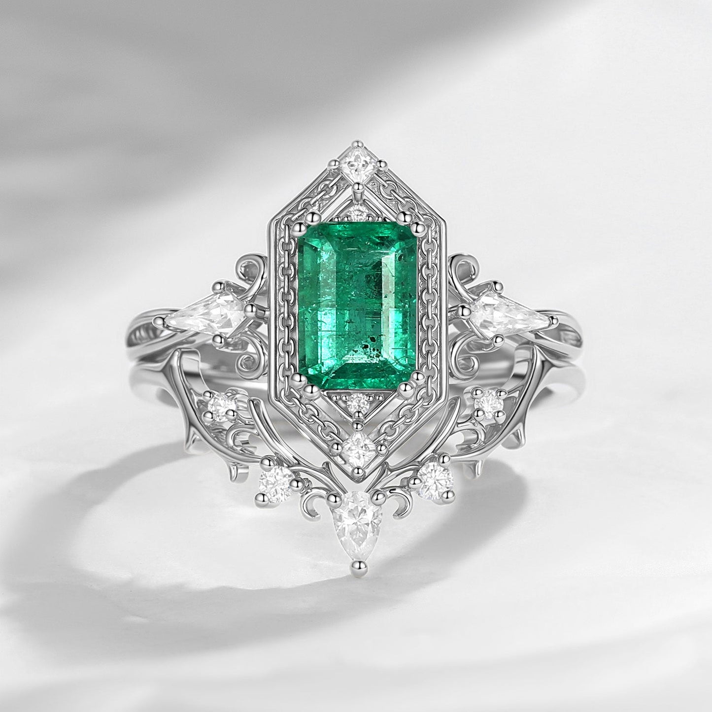 Unique Emerald Cut Natural Emerald 'Fallen Aegis' Gothic Engagement Ring Bridal Set 2pcs